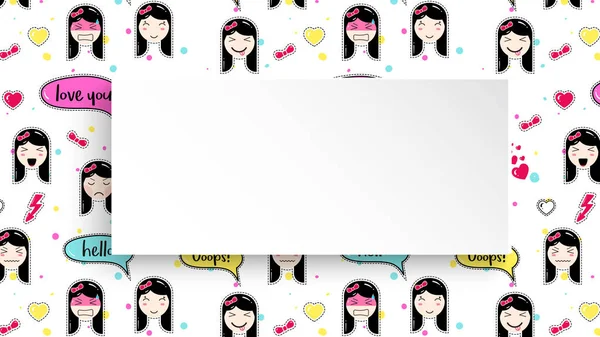Dziewczyna transparent z anime emoji wzór. Słodkie naklejki z emotico — Wektor stockowy