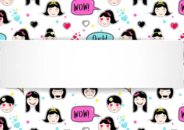 Girl banner with anime emoji pattern. Cute stickers with emotico — Stock Vector