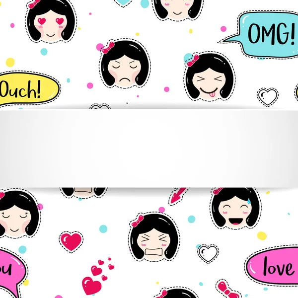 Bannière fille avec motif emoji anime. Autocollants mignons avec emotico — Image vectorielle