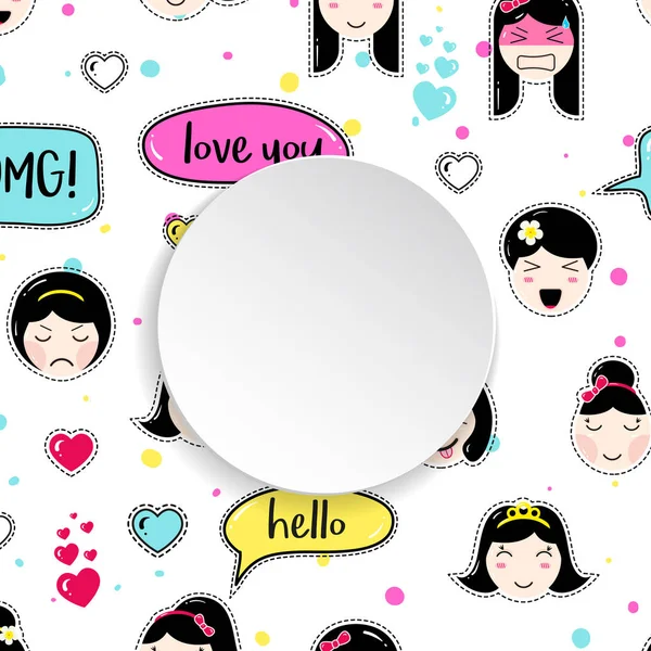 Bannière fille avec motif emoji anime. Autocollants mignons avec emotico — Image vectorielle