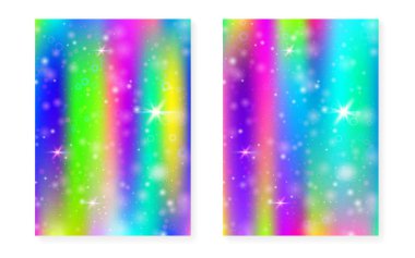 Kawaii arka planında gökkuşağı prensesi gradyanı var. Sihirli tek boynuzlu at 