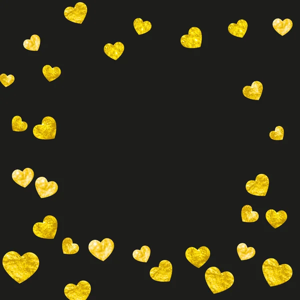 Herzrahmen Hintergrund mit goldenen Glitzerherzen. Valentinstag. Vektorkonfetti. von Hand gezeichnete Textur. — Stockvektor