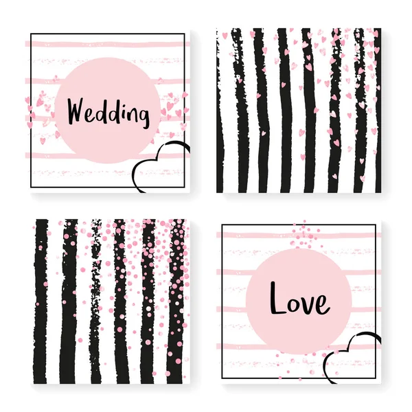 Wedding glitter confetti on stripes, invitation set — Stock Vector