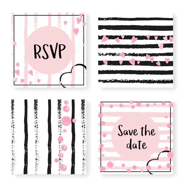 Wedding glitter confetti on stripes, invitation set — Stock Vector