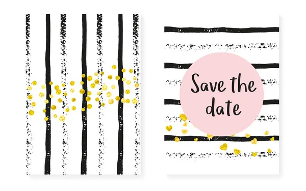 Gold glitter cards with dots and sequins. Wedding and bridal shower invitation set with confetti. — Stock Vector