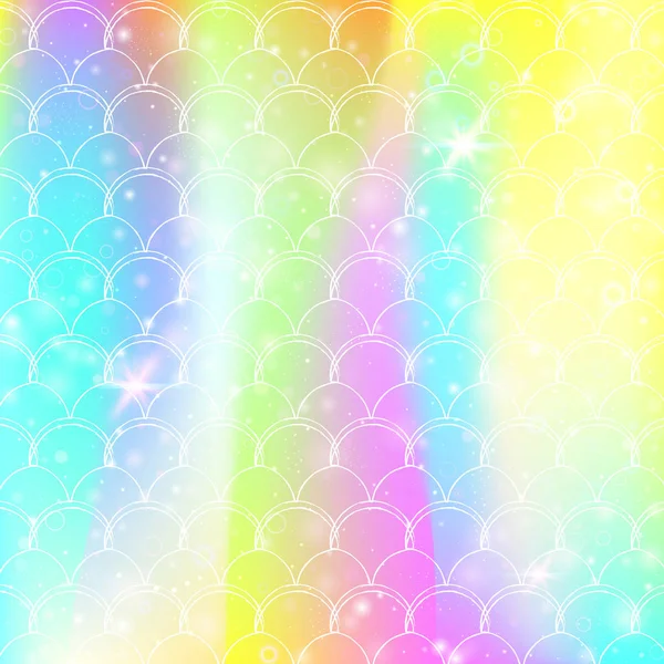 Arco iris escamas fondo con kawaii sirena princesa patrón. — Vector de stock