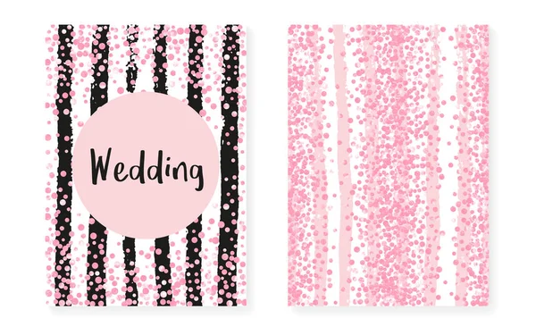 Confeti de purpurina rosa con puntos y lentejuelas. Boda y ducha nupcial tarjetas de invitación conjunto . — Vector de stock