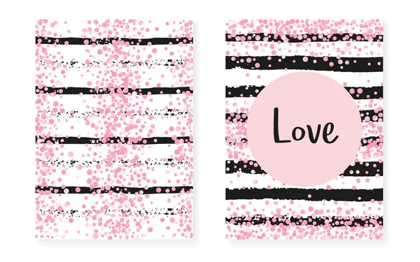 Pontos de brilho rosa com lantejoulas. Casamento e casamento chuveiro cartões de convite conjunto com confete . —  Vetores de Stock