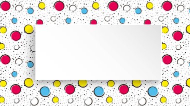 Pop art renkli arka plan. Büyük renkli noktalar ve beyaz arka planda siyah noktalar ve mürekkep çizgiler ile daireler.