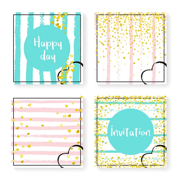 Wedding glitter confetti on stripes, invitation set — Stock Vector
