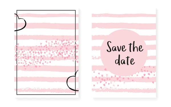 Convite do cartão de casamento com pontos e lantejoulas. Conjunto de chuveiro nupcial com glitter confetti rosa . —  Vetores de Stock