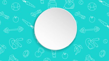 Fitness afiş el ile çizilmiş spor salonu desen ve 3d kağıt tabak. Egzersiz ve egzersiz için doodle simgeler. Spor yaşam tarzı çizgi roman. Şık fitness afiş satış, özel teklifler, el ilanları ve reklam.