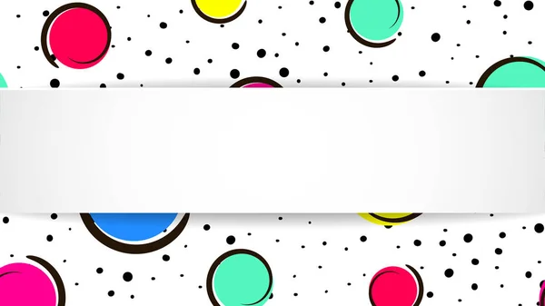 Pop art fond de confettis colorés. Grandes taches colorées et cercles sur fond blanc avec des points noirs et des lignes d'encre . — Image vectorielle