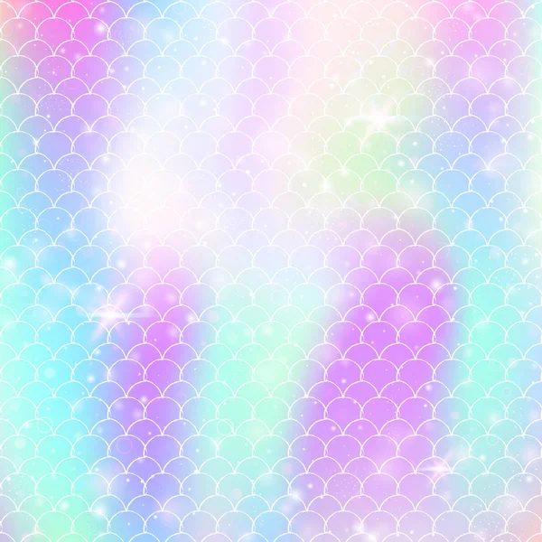 Arco iris escamas fondo con kawaii sirena princesa patrón. — Vector de stock