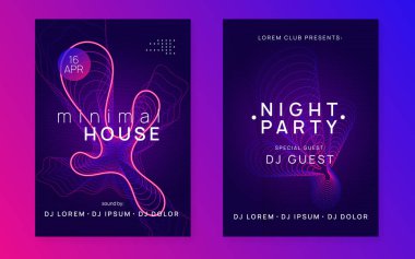 Müzik festivali neon broşürü. Elektro dans. Elektronik trans sesi. Tekno DJ partisi. Kulüp afişi.
