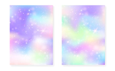 Kawaii Prenses Gradient ile gökkuşağı arka planı. Sihirli tek boynuzlu at hologramı.