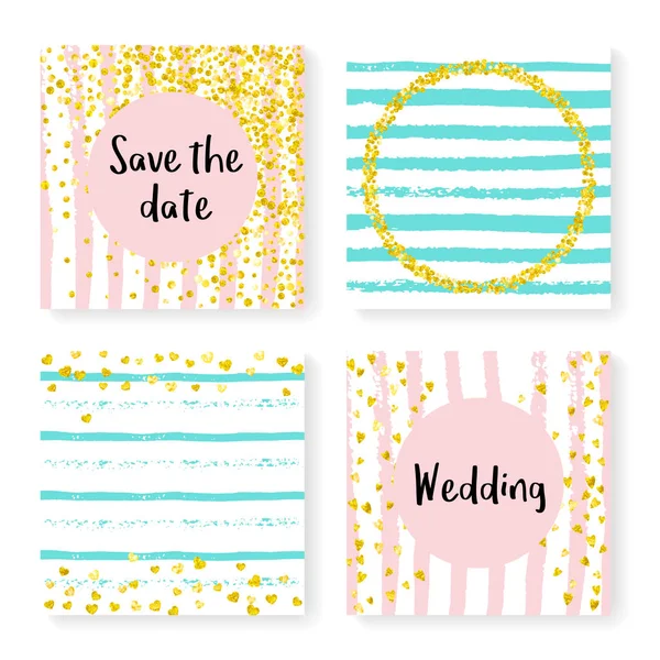 Wedding glitter confetti on stripes, invitation set — Stock Vector