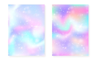 Kawaii arka planında gökkuşağı prensesi gradyanı var. Sihirli tek boynuzlu at