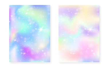 Kawaii arka planında gökkuşağı prensesi gradyanı var. Sihirli tek boynuzlu at hologramı.