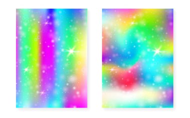 Kawaii gökkuşağı gradyanı olan prenses arkaplanı. Sihirli tek boynuzlu at hologramı.