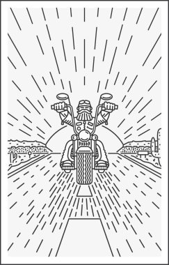 Bir sonsuz düz yolda ve güneş ile çöl peyzaj kısır toplayan aracılığıyla sürme yalnız motosiklet sürücüsü düz stil panorama görünümünü dağlar arasında ayarlama