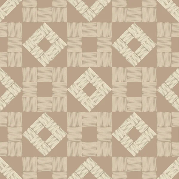无缝抽象几何图案 棕色地板与木质纹理 亚洲垫子 手工孵化 涂鸦纹理 纺织品融洽 — 图库矢量图片