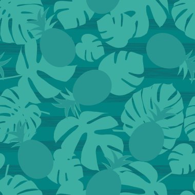 Sorunsuz arka planda tropikal meyve ve palmiye yaprakları. Sevimli çizgi. Vektör çizim. Tekstil rapport.