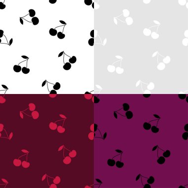 Kiraz ile 4 sorunsuz arka planlar kümesi. Kiraz siyah beyaz ve renkli. Yaz bahçesi. Kiraz reçeli. Vektör çizim. Tekstil rapport.