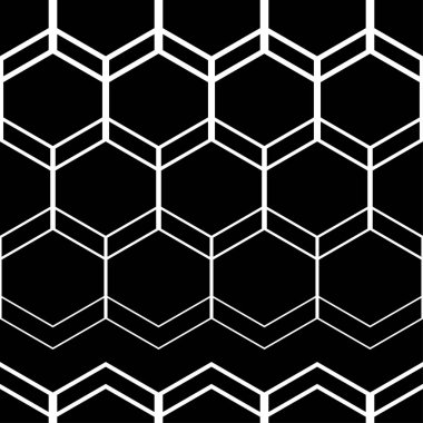 Dikişsiz soyut geometrik desen. Siyah-beyaz altıgenler isimlerinden. Tekstil rapport.