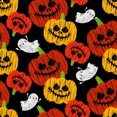 Sorunsuz dekoratif vektör arka plan Cadılar Bayramın kutlu olsun. Kabaklar ve hayaletler. Çalışmaları. Kuluçkalık ver. Tekstil rapport.