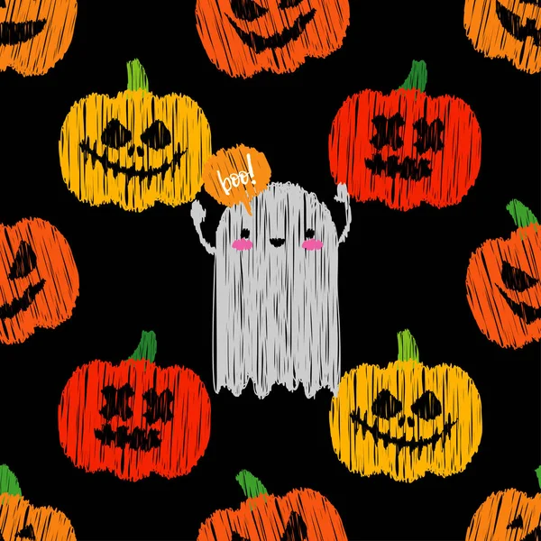 Folytonos Dekoratív Vector Háttér Happy Halloween Sütőtök Szellemek Ecsetkezelés Kézi — Stock Vector