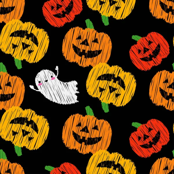 Fundo Vetor Decorativo Sem Costura Feliz Halloween Abóboras Fantasmas Escova —  Vetores de Stock