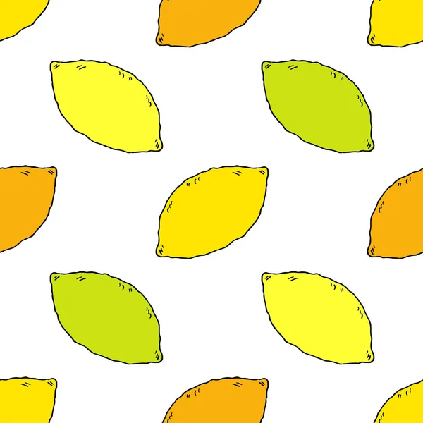 装飾的なレモンとのシームレスなパターン かわいい漫画 夏の庭 孵化の手します 落書き ベクトルの図 テキスタイル 招待カード ラッピング Web — ストックベクタ