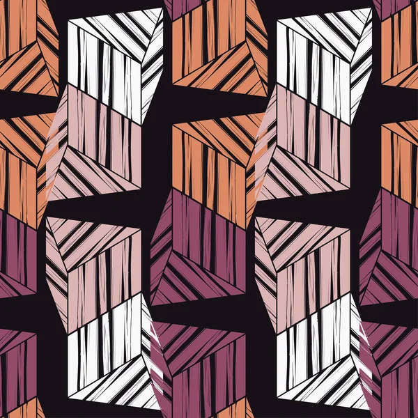 Naadloze Abstracte Geometrische Patroon Kubussen Lijnvoering Hand Broedeieren Krabbel Textuur — Stockvector