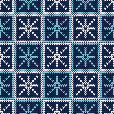 Örme dekoratif kar taneleri ile sorunsuz vektör arka plan. Örgü desen. Mutlu Noeller ve mutlu yeni yıl! Mutlu kış! Duvar kağıdı, tekstil, ambalaj, web sayfası arka planı davetiye, için kullanılabilir.