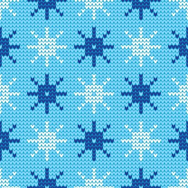 Örme dekoratif kar taneleri ile sorunsuz vektör arka plan. Örgü desen. Mutlu Noeller ve mutlu yeni yıl! Mutlu kış! Duvar kağıdı, tekstil, ambalaj, web sayfası arka planı davetiye, için kullanılabilir.