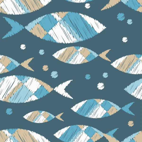 Pola Mulus Dengan Ikan Laut Kartun Yang Lucu Brushwork Tangan - Stok Vektor