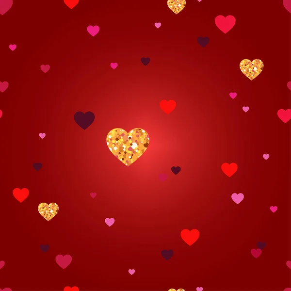 Złote Serca Czerwonym Tle Jednolity Wzór Valentine Day Ilustracja Wektorowa — Wektor stockowy
