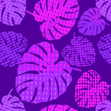 Sorunsuz geçmiş ile dekoratif tropikal palmiye yaprakları. Monstera. Doku noktalı. Duvar kağıdı, tekstil, ambalaj, web sayfası arka planı davetiye, için kullanılabilir.