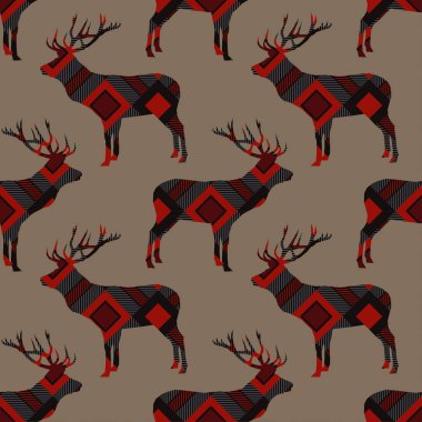 Ekose doku ile geyik ile Seamless modeli. Tartan. İskoç, İngiliz kumaşı. Vektör çizim. Duvar kağıdı, tekstil, ambalaj, web sayfası arka planı davetiye, için kullanılabilir.