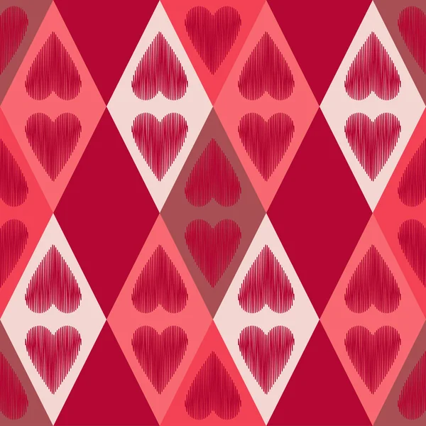 ダイヤモンド フレームで破線の質感を持つ装飾的な心とのシームレスなパターン バレンタインの日 ベクトルの図 テキスタイル 招待カード Web ページの背景に使用できます — ストックベクタ