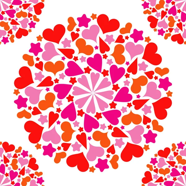 装飾的な心と星とのシームレスなパターン マンダラ 神聖なイメージ バレンタインの日 ベクトルの図 テキスタイル 招待カード Web ページの背景に使用できます — ストックベクタ