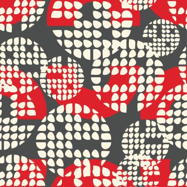 Polka dot seamless modeli. Gri-beyaz-kırmızı mozaik çevrelerin farklı parçaları ile. Geometrik arka plan. Duvar kağıdı, tekstil, davetiye, web sayfası arka planı için kullanılabilir.