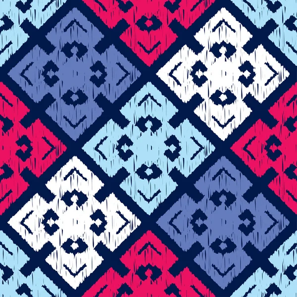 自由奔放に生きる民族のシームレスなパターン 孵化が付いた四角形のモザイク 伝統的な飾り 部族のパターン 民俗モチーフ テキスタイル 招待カード ラッピング Web ページの背景に使用できます — ストックベクタ