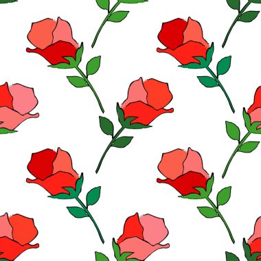 Beyaz arka planda siyah kontur ile pembe dekoratif güllü seamless modeli. Yaz bahçesi. Duvar kağıdı, tekstil, ambalaj, web sayfası arka planı davetiye, için kullanılabilir.