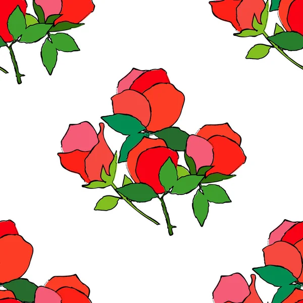 Patrón Sin Costuras Con Rosas Decorativas Rosadas Con Trazo Negro — Vector de stock