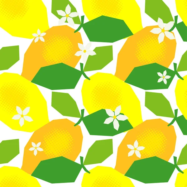 Seamless Pattern Decorative Lemons Leaves Flowers Polygons Cute Cartoon Summer — Stock Vector