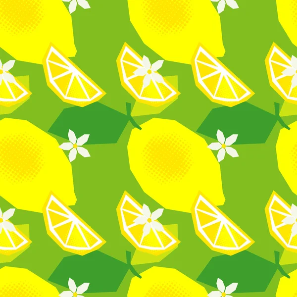 Seamless Pattern Decorative Lemons Leaves Flowers Polygons Cute Cartoon Summer — Stock Vector