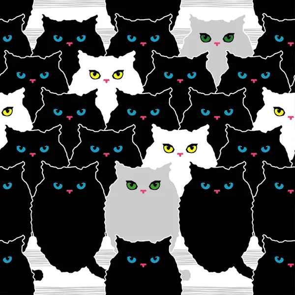 Seamless Pattern Decorative Cats Funny Lovely Cats Brushwork Hand Hatching — Stock Vector