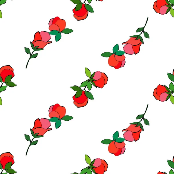 Бесшовный Узор Розовыми Декоративными Розами Черным Штрихом Белом Фоне Летний — стоковый вектор